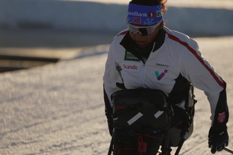 Para-athlete skiing on cross-country skis.